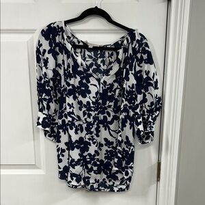 LOFT Dark Blue and White Patterned Blouse
